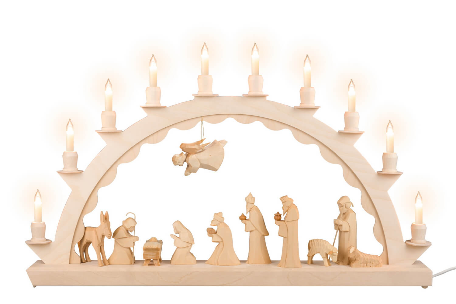 Schwibbogen mit geschnitzter Heiliger Familie - Kleinschaftkerzen von SEIFFEN.COM