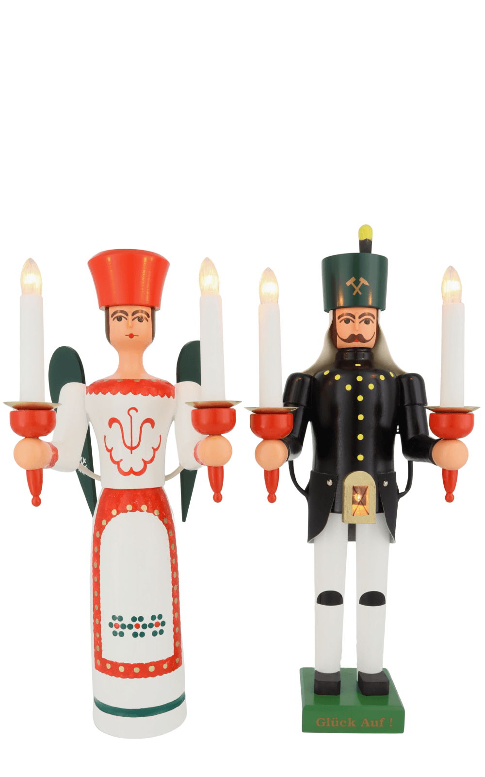 Engel und Bergmann, 38 cm mit Bauchlampe, farbig, elektrisch beleuchtet von SEIFFEN.COM