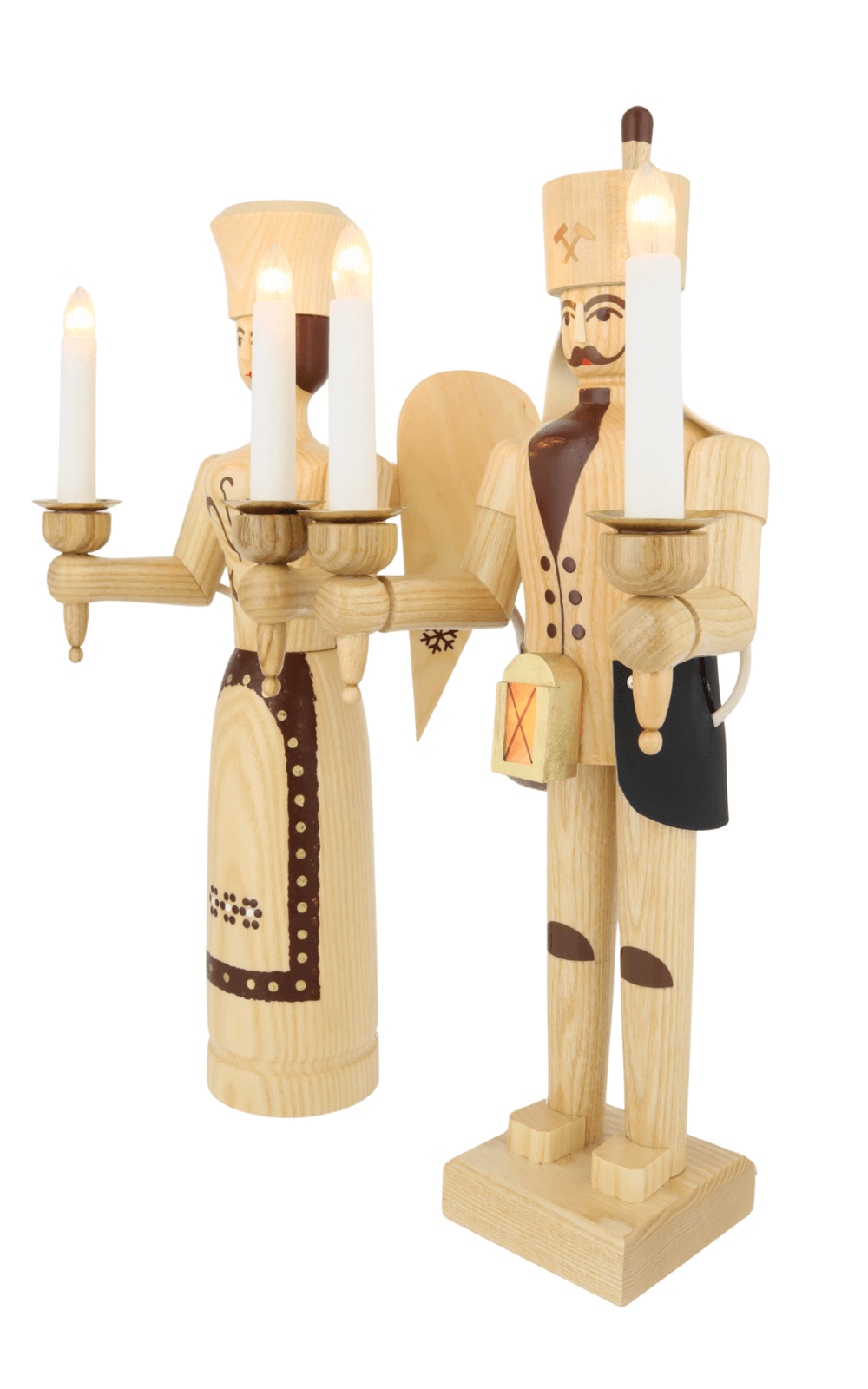 Engel und Bergmann mit Bauchlampe, 38 cm, elektrisch beleuchtet, natur von SEIFFEN.COM
