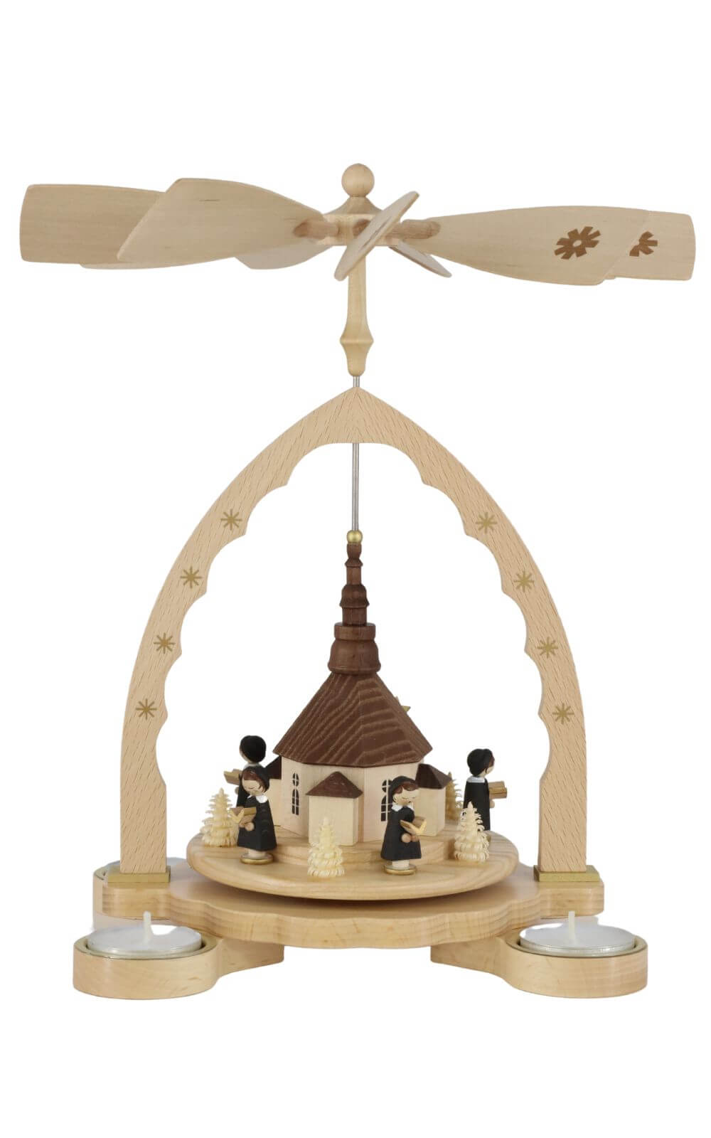 Weihnachtspyramide für Teelichte mit Seiffener Kirche und Kurrende von Richard Glässer_2