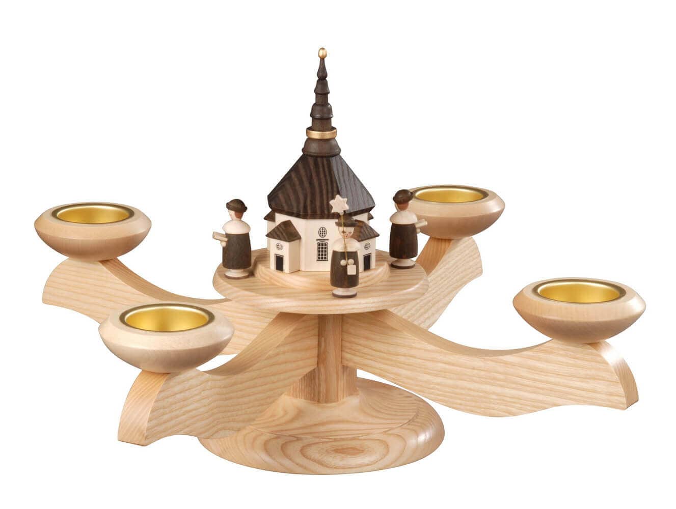 Adventsleuchter mit Seiffener Kirche und Kurrende, natur, für Teelichter von Albin Preißler