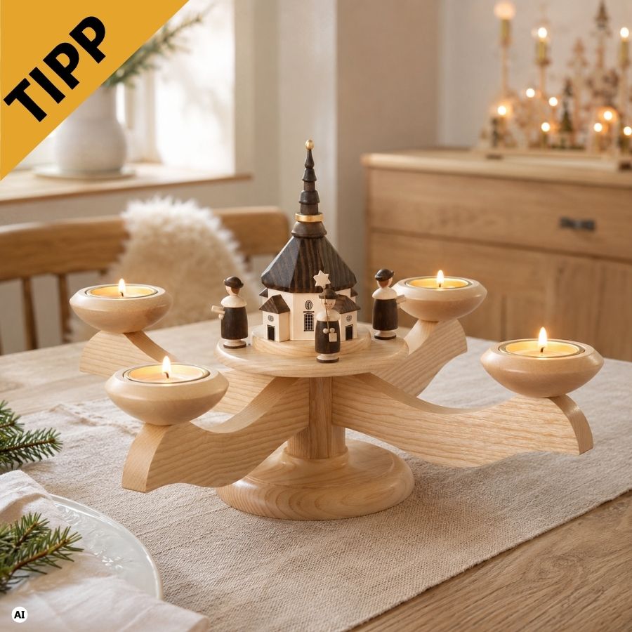 Adventsleuchter mit Seiffener Kirche und Kurrende, natur für Teelichter von Albin Preißler