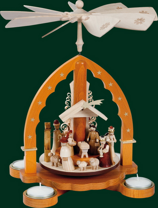 Weihnachtspyramide Christi Geburt, natur, für Teelichter, 27 cm, Richard Glässer GmbH Seiffen/ Erzgebirge