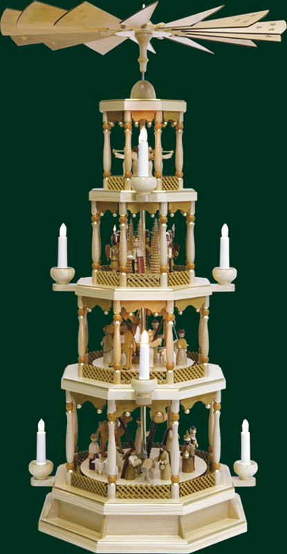 Weihnachtspyramide Christi Geburt, 4 - stöckig, natur, elektrisch von Richard Glässer