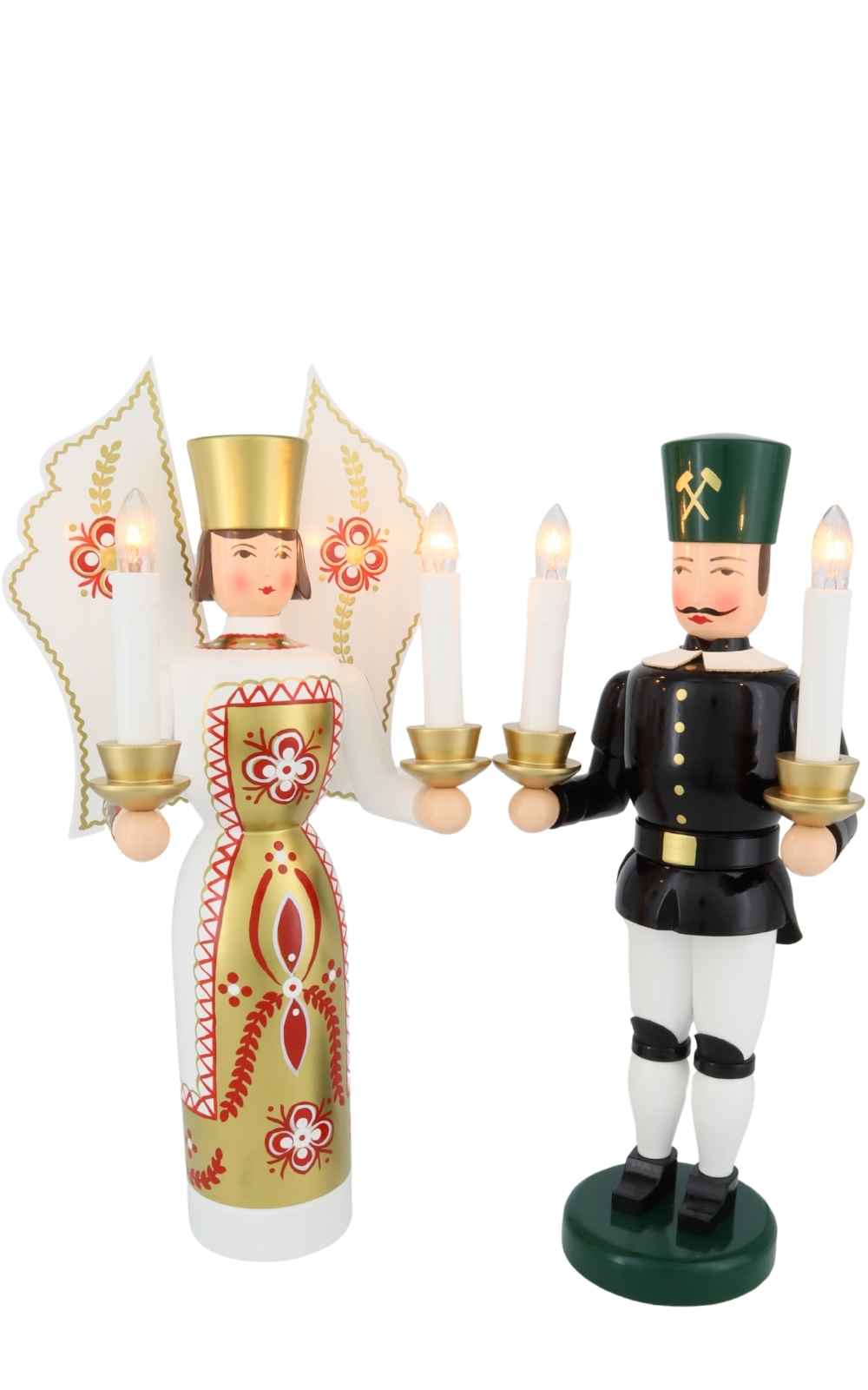 Engel und Bergmann weiß - gold, 36 cm, elektrisch beleuchtet von Holzkunst Gahlenz
