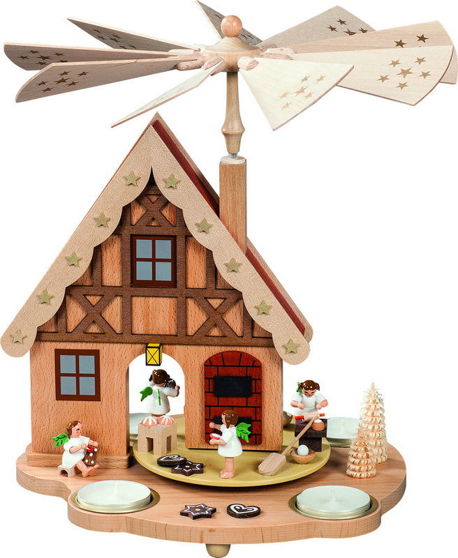 Weihnachtspyramide & Tischpyramide Haus mit Engelbäckerei für Teelichter, 29 cm, Richard Glässer GmbH Seiffen/ Erzgebirge