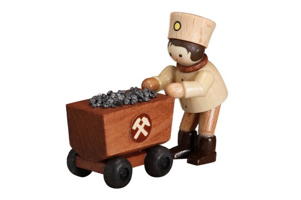 German Wooden Figurin German Miner with Wagon, mini, nature, 4 cm, Romy Thiel Deutschneudorf/ Erzgebirge