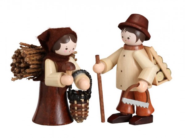 German Wooden Figurin Couple of Forest People, nature, 6 cm, Romy Thiel Deutschneudorf/ Erzgebirge