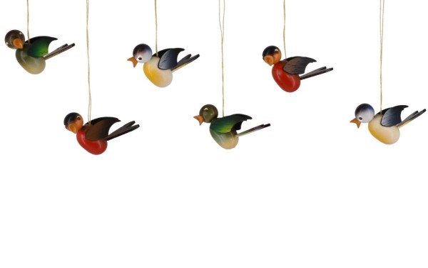 Vögel zum Hängen, farbig, 6 Stück von SEIFFEN.COM