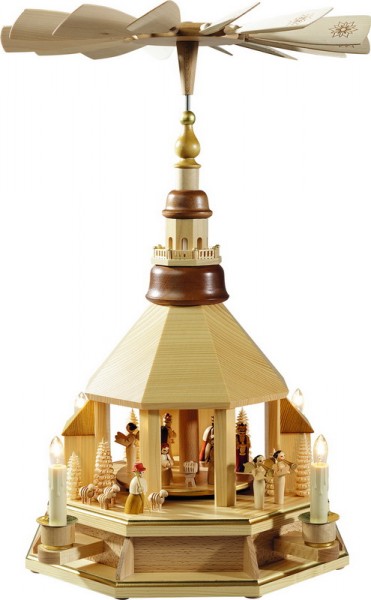 Weihnachtspyramide Seiffener Kirche Geburt, natur, elektrisch angetrieben und beleuchtet, 52 cm, Richard Glässer GmbH Seiffen/ Erzgebirge