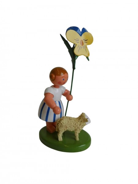 Blumenkinder - Blumenkind Mädchen mit Reifentier (Schaf stehend) und Stiefmütterchen, 10 cm von WEHA-Kunst Dippoldiswalde/ Erzgebirge