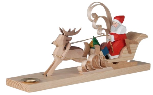Kerzenhalter Weihnachtsmann auf Schlitten, geschnitzt, 11 cm von Bettina Franke