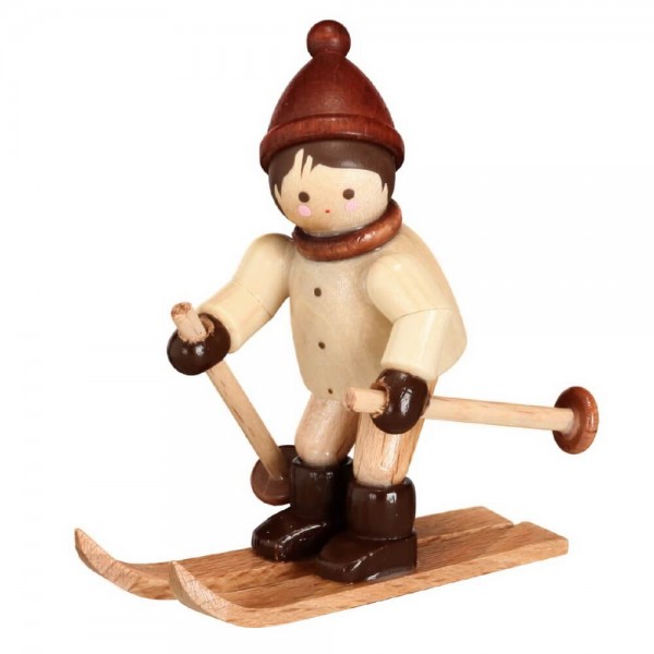 German Wooden Figurin Downhiller Skier, mini - nature, 4 cm, Romy Thiel Deutschneudorf/ Erzgebirge