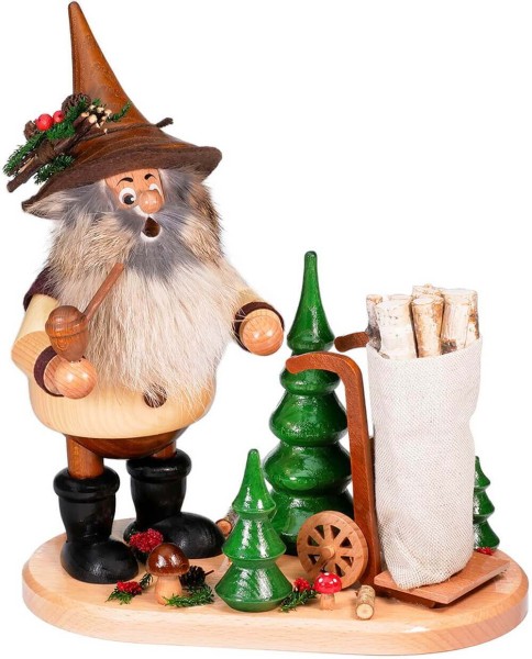 Smoking man gnome with cart, 25 cm by DWU Drechselwerkstatt Uhlig