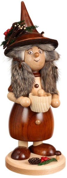 Smoking man gnome woman with cooking pot natural, 25 cm from DWU Drechselwerkstatt Uhlig