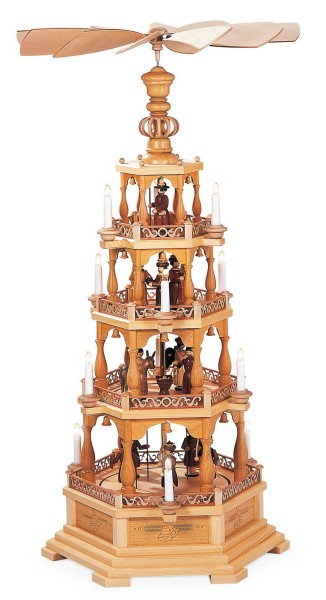 Weihnachtspyramide Müller Kleinkunst mit dem Motiv Heilige Geschichte, 4 - stöckig, 230V, 122 cm aus Seiffe