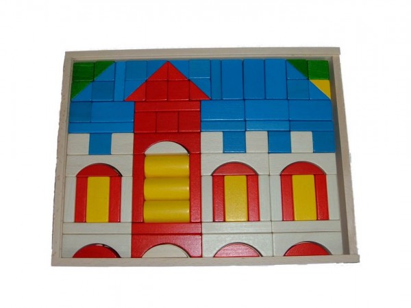 Mit dem Baukasten "Schloß" können auch schon die Kleinsten ein variantenreiches Bauen erleben. Die 91 Bausteine teils farbig, teils farblos lackiert …