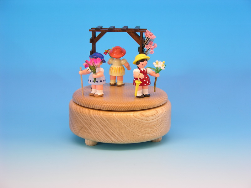 Spieluhr & Spieldose natur mit 3 Blumenkindern, 13,0 x 13,0 x 14,0 cm, Frieder & André Uhlig Seiffen/ Erzgebirge