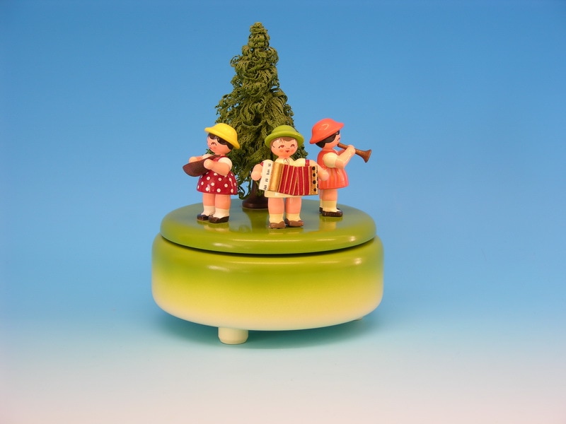 Spieluhr & Spieldose grün mit 3 Instrumentenkindern, 13,0 x 13,0 x 14,0 cm, Frieder & André Uhlig Seiffen/ Erzgebirge