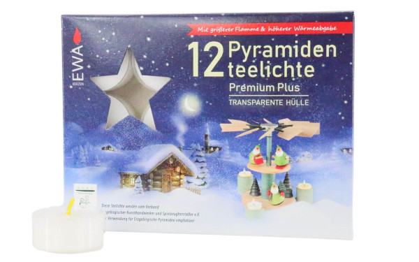 EWA pyramid tea lights in transparent cover, premium, 12 pieces