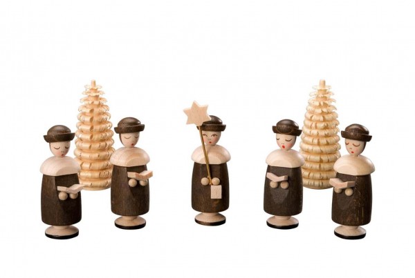 Kurrendefiguren mit Hut, 5 Stück und 2 Ringelbäumchen, natur von Albin Preißler
