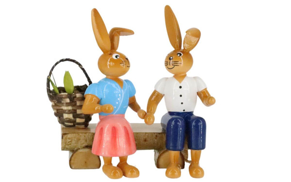 Easter bunny couple on bench, 9 cm by Holzkunst Gahlenz_1