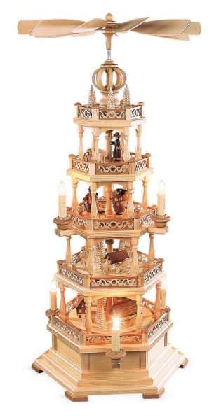 Weihnachtspyramide Erzgebirgsmotiv, 5 - stöckig, natur, elektrisch, 230 V, 71 cm, Müller Kleinkunst aus dem Erzgebirge
