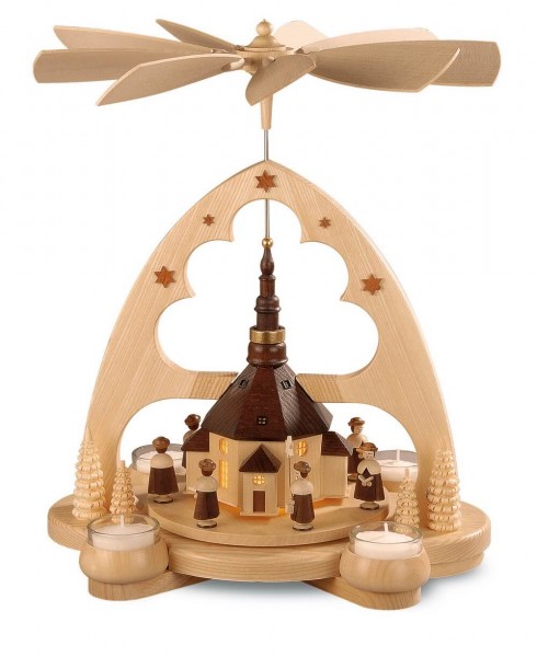 LED Bogenpyramide Seiffener Kirche, 36 cm, hergestellt von Müller Kleinkunst aus Seiffen