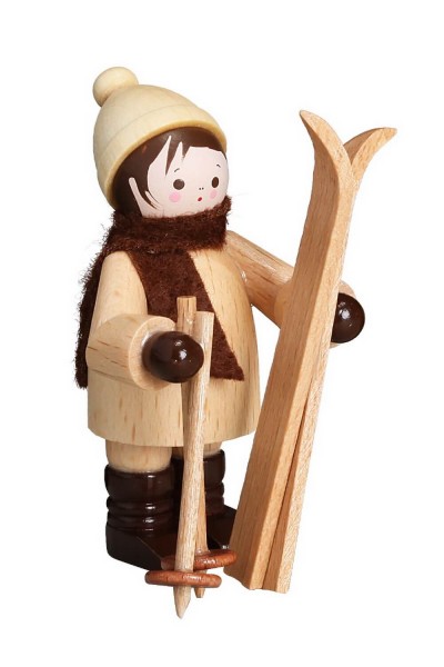 German Wooden Figurin Boy with Ski vertical, nature, 6 cm, Romy Thiel Deutschneudorf/ Erzgebirge