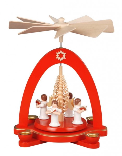 Albin Preißler Weihnachtspyramide 4 Engel mit Spanbaum, rot, 20 cm 