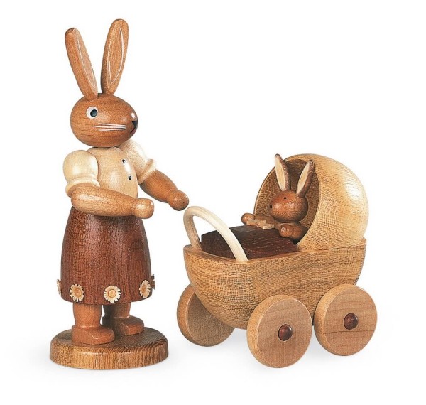 Hasenmutter mit Kinderwagen natur von Kleinkunst Müller aus Seiffen