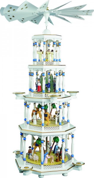 German Christmas Pyramid Nativity Set, 4 - level, white, 94 cm, Richard Glässer GmbH Seiffen/ Erzgebirge