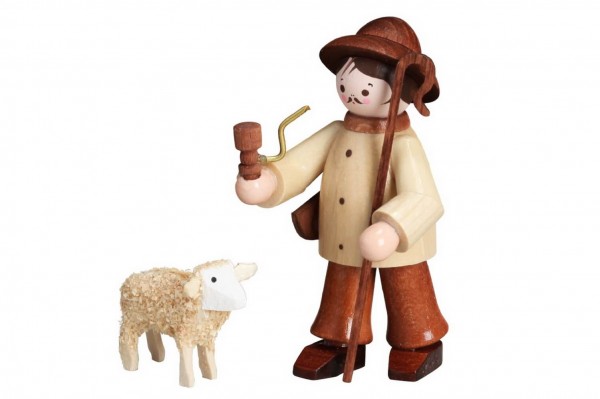 German Wooden Figurin Sheepherder with Sheep, nature, 6 cm, Romy Thiel Deutschneudorf/ Erzgebirge