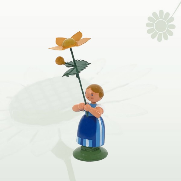 Blumenkind Mädchen mit Sumpfdotterblume, 12 cm von Legler Holz- und Drechslerwaren HODREWA