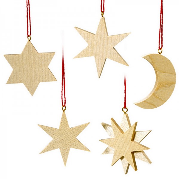 Baumbehang &amp; Christbaumschmuck Mond und Sterne, 5 - teiliger Satz, jeweils 5 cm, Robbi Weber Seiffen/ Erzgebirge