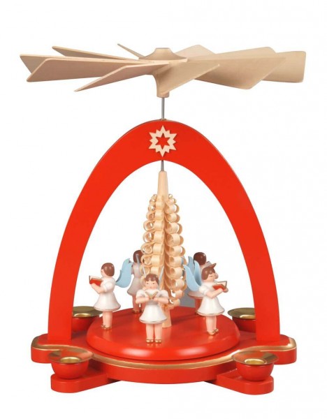 Weihnachtspyramide von Albin Preißler mit 5 Engel, rot, 28 cm