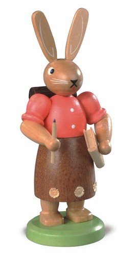 German Easter Figurin Easter Bunny schoolgirl, colored, small, 11 cm, Mueller GmbH Kleinkunst aus dem Erzgebirge Seiffen/ Germany