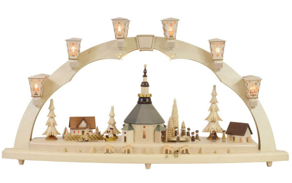 Candle arch Seiffen church with carol and musical mechanism, 80 cm by Richard Glässer_1