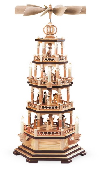 Weihnachtspyramide Heilige Geschichte, 4 - stöckig, natur, elektrisch, 230 V, 70 cm, hergestellt von Müller Kleinkunst aus Seiffen
