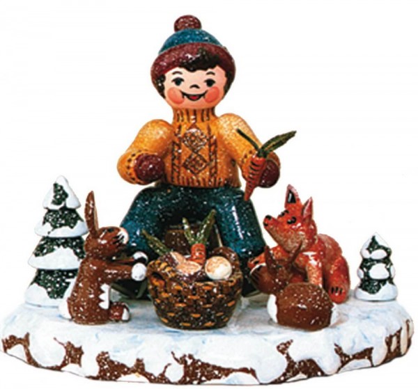German Figurine - Winter Kid boy with animals, 7 cm, Hubrig Volkskunst GmbH Zschorlau/ Erzgebirge