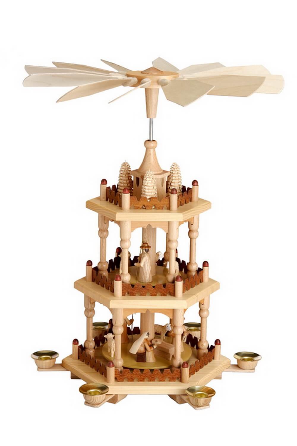 Weihnachtspyramide, 3 - stöckig mit Heiliger Familie, natur, 41 cm hergestellt von Theo Lorenz