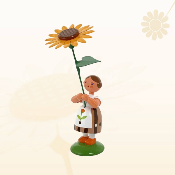 Blumenkind Mädchen mit Sonnenblume, 12 cm von Legler Holz- und Drechslerwaren HODREWA