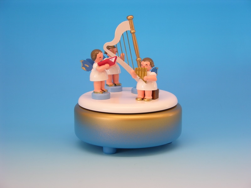 Spieluhr & Spieldose blau/weiß/golden mit 3 Weihnachtsengeln und einer Harfe, blaue Flügel, 13,0 x 13,0 x 14,0 cm, Frieder & André Uhlig Seiffen/ …