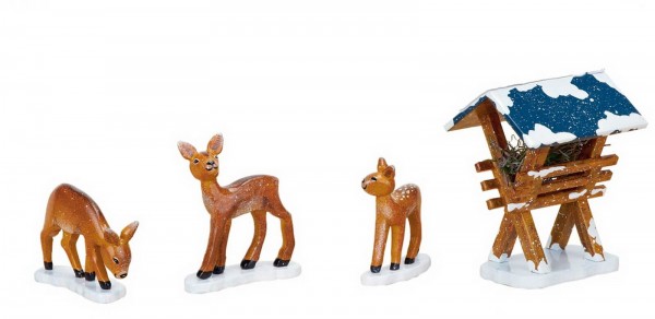German Figurine - Winter Kid cratch with 3 deers, 7 , 5, 4, 3 cm, Hubrig Volkskunst GmbH Zschorlau/ Erzgebirge