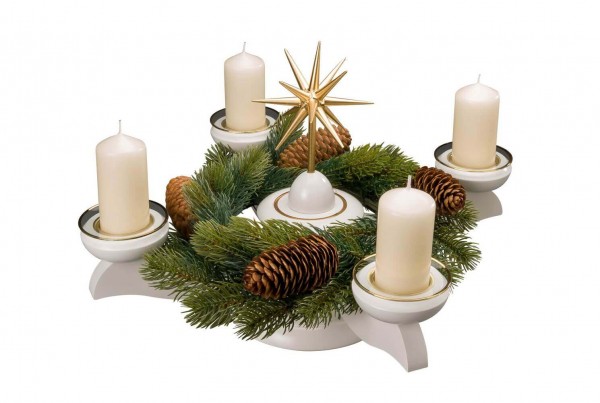 Advent candlestick with poinsettia and fir wreath, white by Albin Preißler