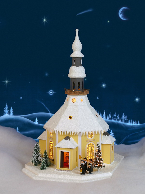 Lichterhaus Seiffener Kirche mit Kurrende und Weihnachtsbaum, elektrisch innenbeleuchtet, 26 x 32 x 42 cm, Birgit Uhlig Olbernhau/ Erzgebirge