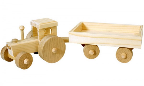 Das Traktor aus Holz in natur mit seinem Anhänger hat genau die richtige Größe, um von Kinderhänden optimal geschoben und bewegt werden zu können. Für …