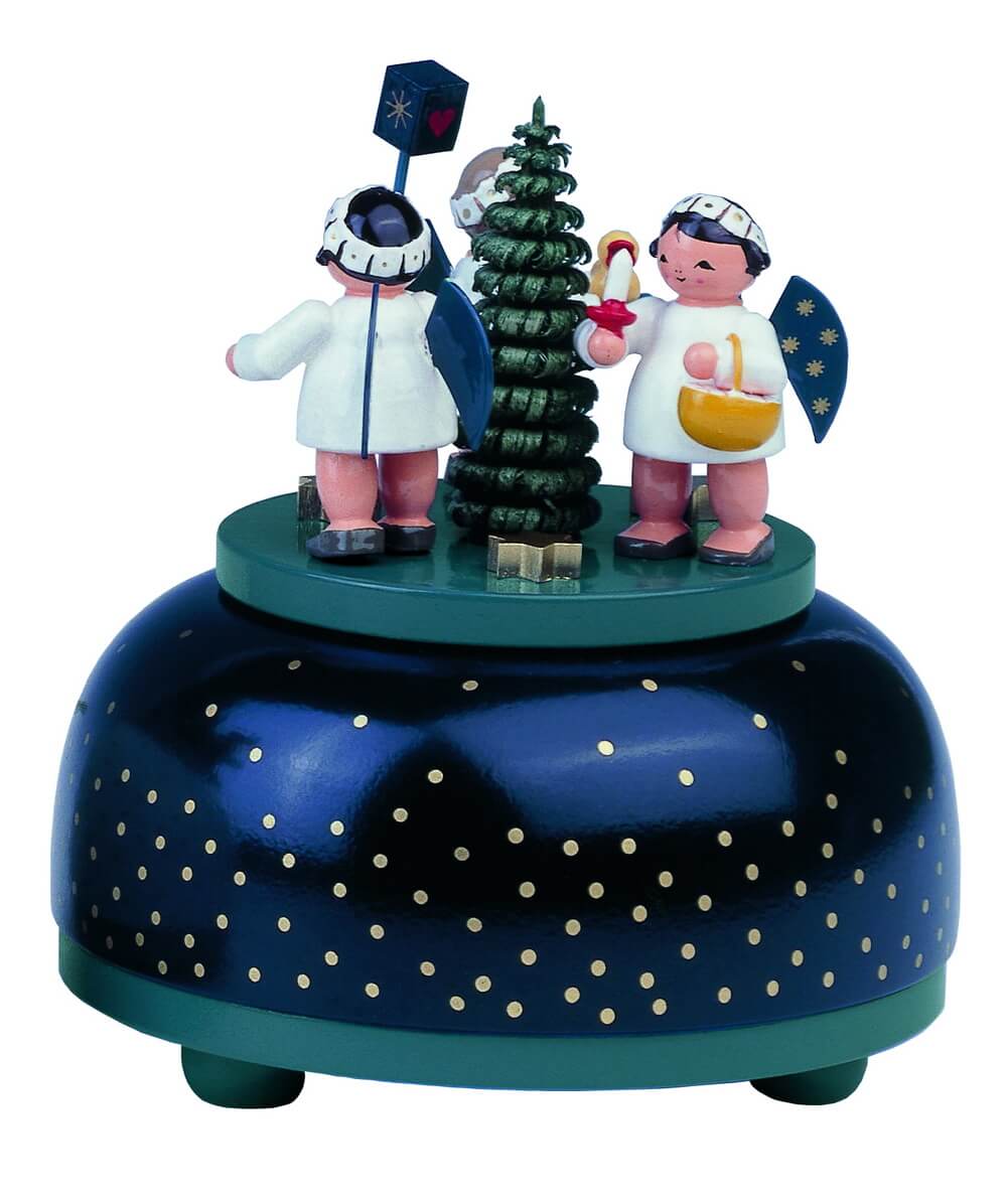 Spieluhr & Spieldose Weihnachtsengel mit Geschenk, 11 cm, Melodie: We Wish a Merry Christmas....von KWO Kunstgewerbe-Werkstätten Olbernhau/ Erzgebirge