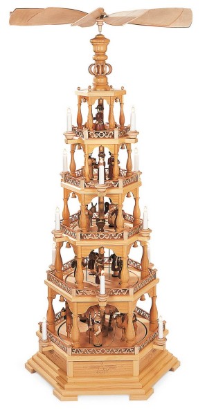 Weihnachtspyramide von Müller Kleinkunst mit dem Motiv Heilige Geschichte, 5 - stöckig, 230V, 142 cm aus Seiffen