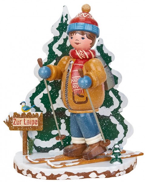 German Incense Smoker German Figurines - Winter Kid with ski, 20 cm, Hubrig Volkskunst GmbH Zschorlau/ Erzgebirge